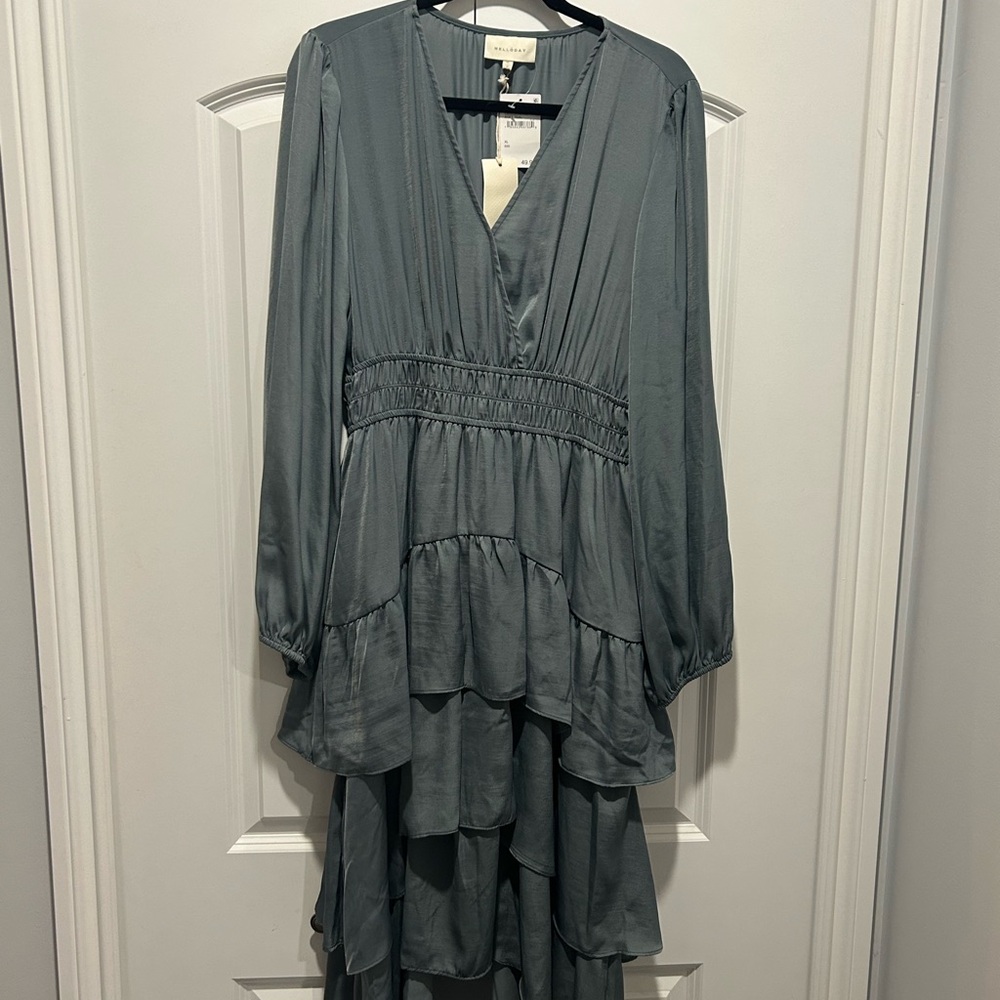 Wayf Gray Green Ruffled Wrap Sundress